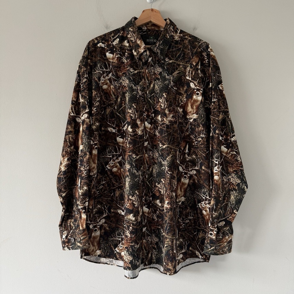 RedHead Camo Deer Print Long Sleeve Button Down Large Outdoor Whitetail Hunting